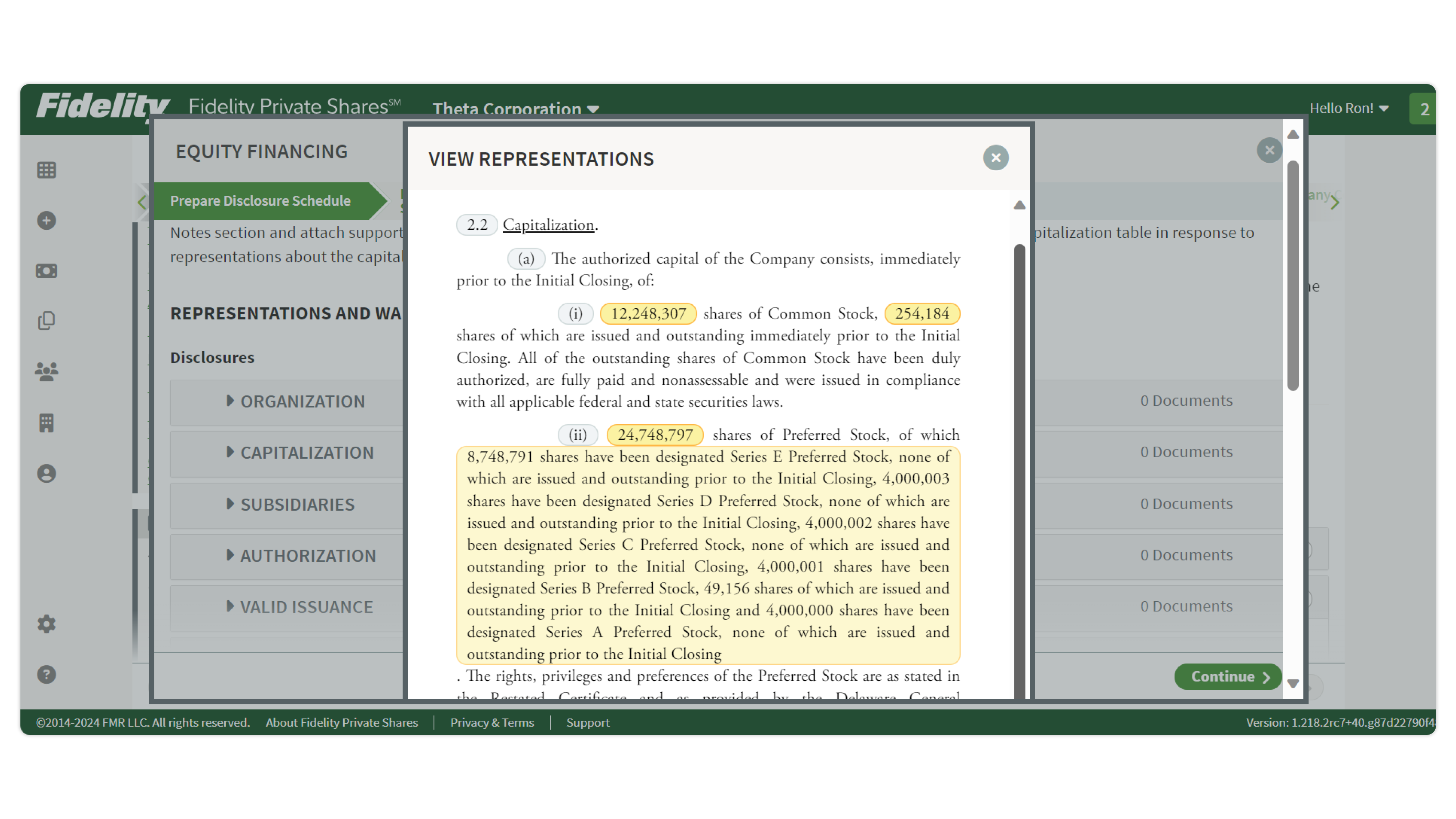 Equity Financing view representations (DASHBOARD)